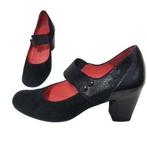 Pas de Rouge Black Suede Patent Mary Jane Heel Pump Shoes Italy 38.5 EU 8 US